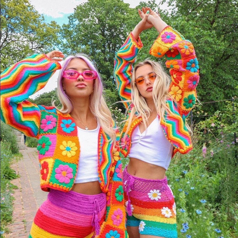 Hand Stitched Rainbow Psychedelic Festival Cardi NEW